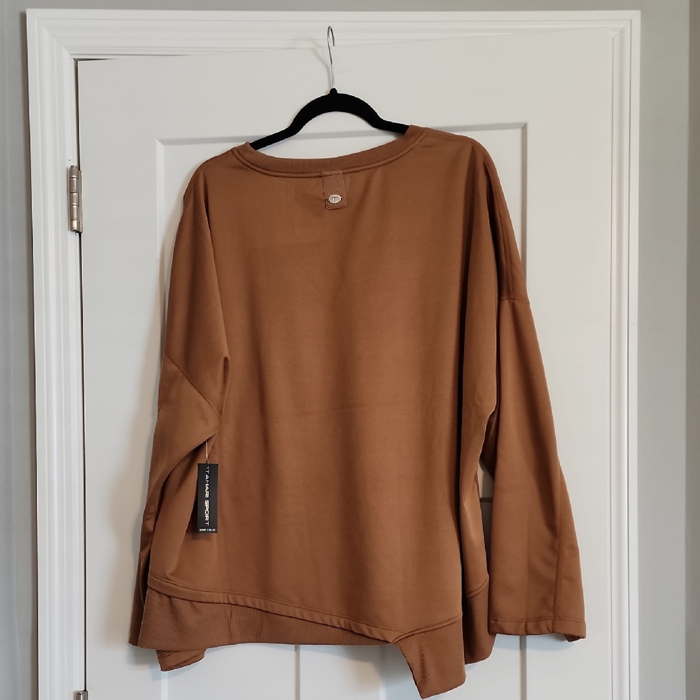 NWT TAHARI Softest Shirt You'll Ever Own: Brown Asymmetrical Long Sleeve Shirt